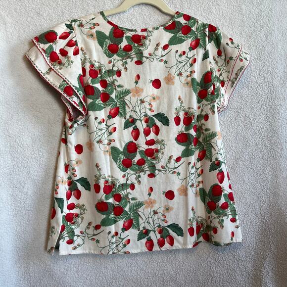 NEW Cece Woven Top Boho Blouse Shirt Linen Blend Red Green Strawberry print sz M - Picture 7 of 8